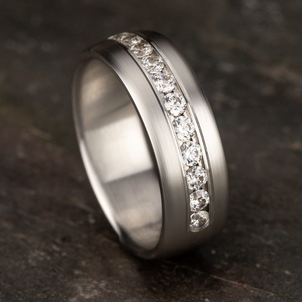 THE MOZART 7.5mm, Comfort fit, 14K White Gold, Satin finish, 11 channel set diamonds, Carat weight is .66ct, Clarity SI1-2, Color GH