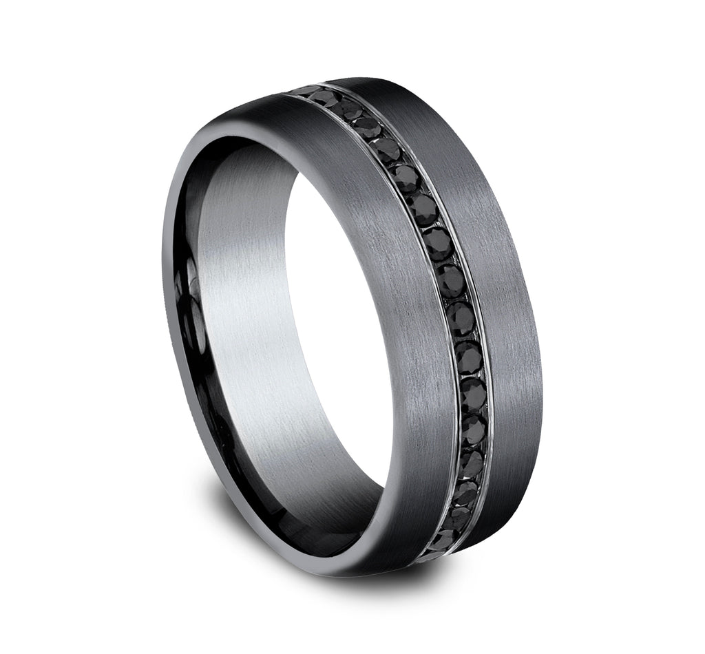THE EDISON 7.5mm, Comfort fit, Darkened Tantalum, Satin finish, 20 channel set black diamonds, Carat weight is .40ct