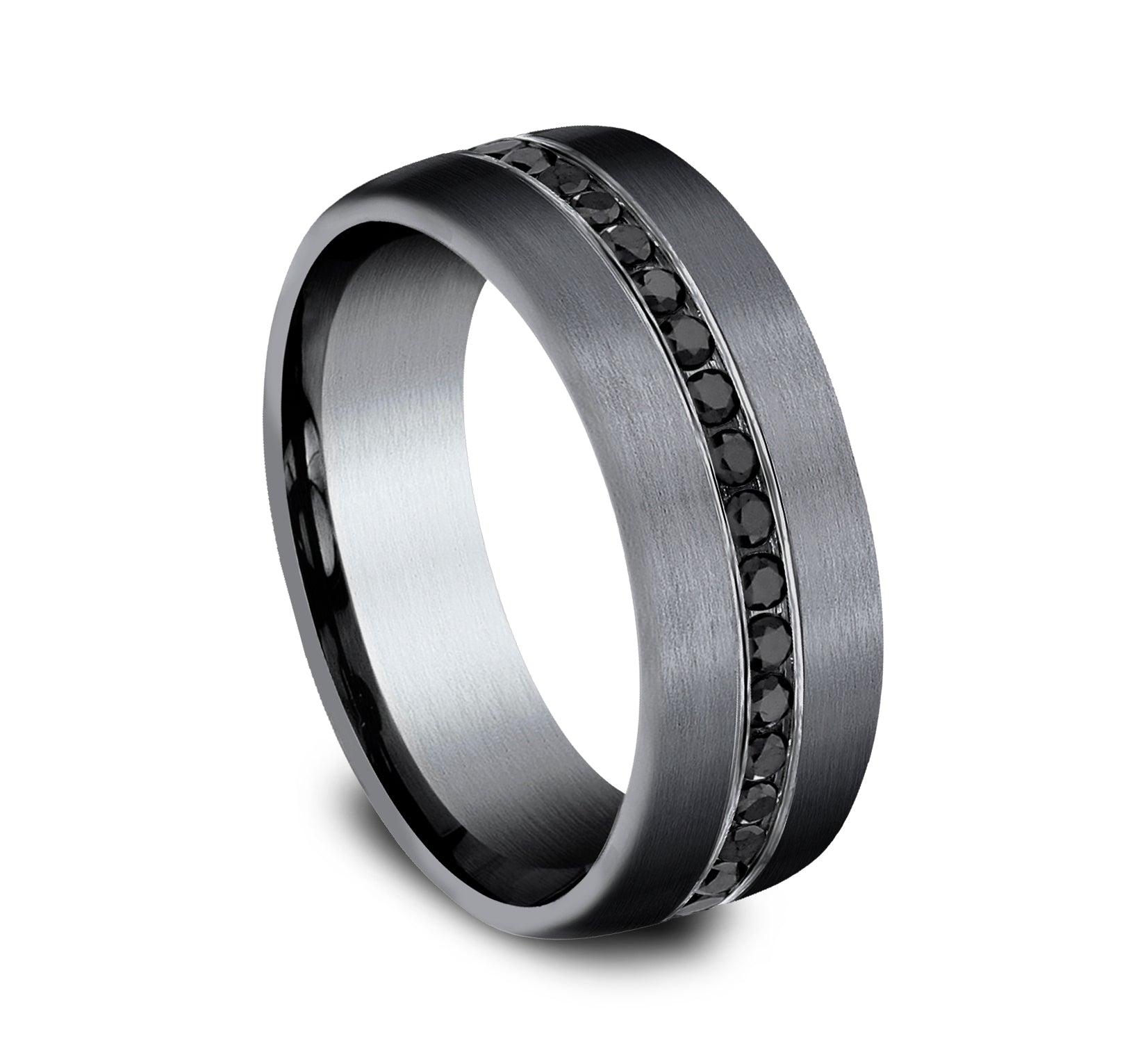 THE EDISON 7.5mm, Comfort fit, Darkened Tantalum, Satin finish, 20 channel set black diamonds, Carat weight is .40ct