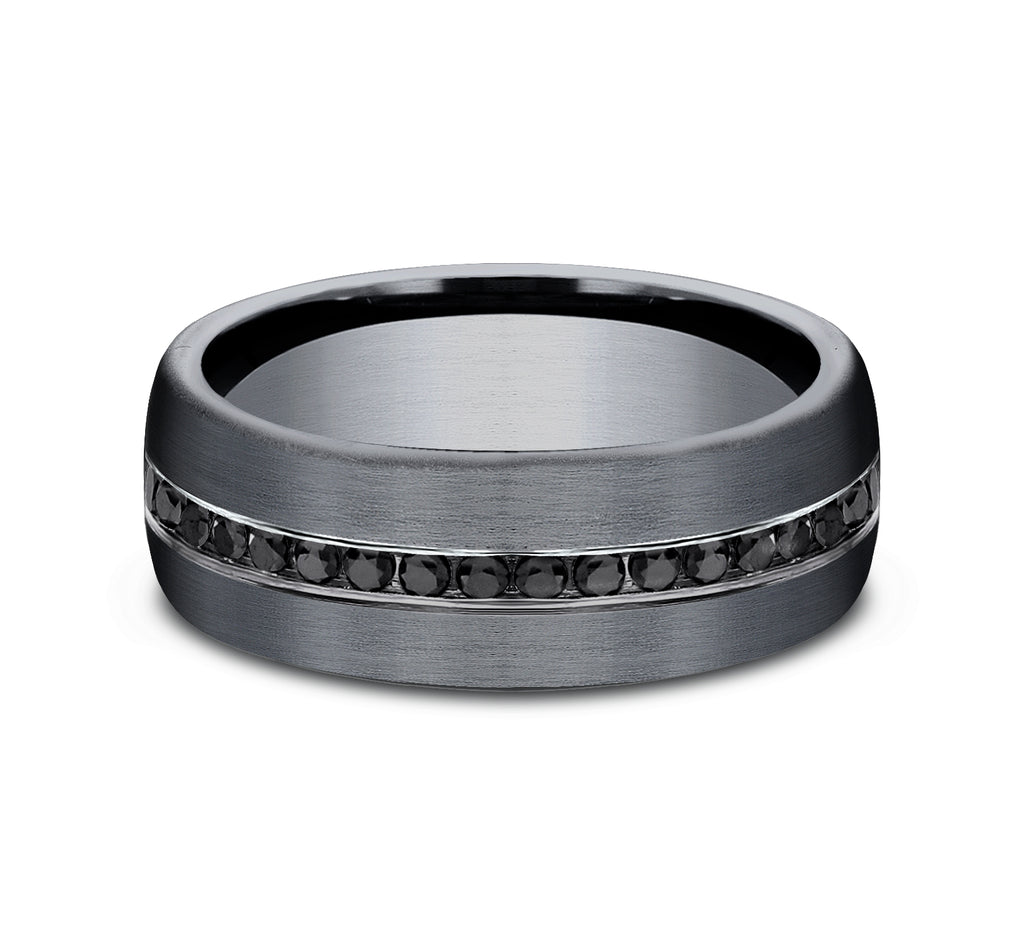 THE EDISON 7.5mm, Comfort fit, Darkened Tantalum, Satin finish, 20 channel set black diamonds, Carat weight is .40ct