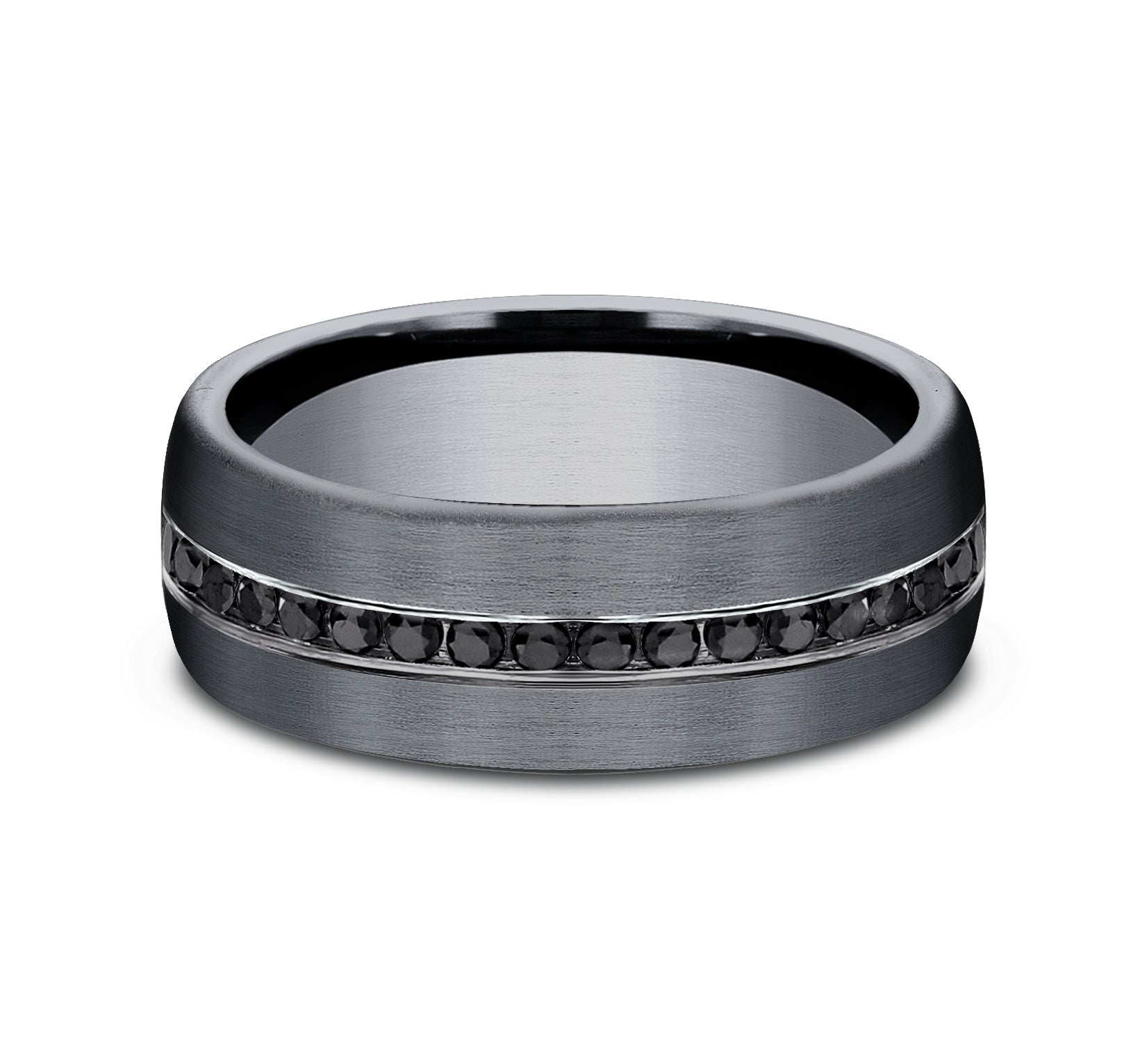 THE EDISON 7.5mm, Comfort fit, Darkened Tantalum, Satin finish, 20 channel set black diamonds, Carat weight is .40ct