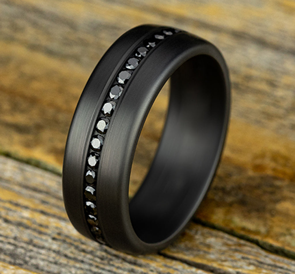 THE EDISON 7.5mm, Comfort fit, Darkened Tantalum, Satin finish, 20 channel set black diamonds, Carat weight is .40ct