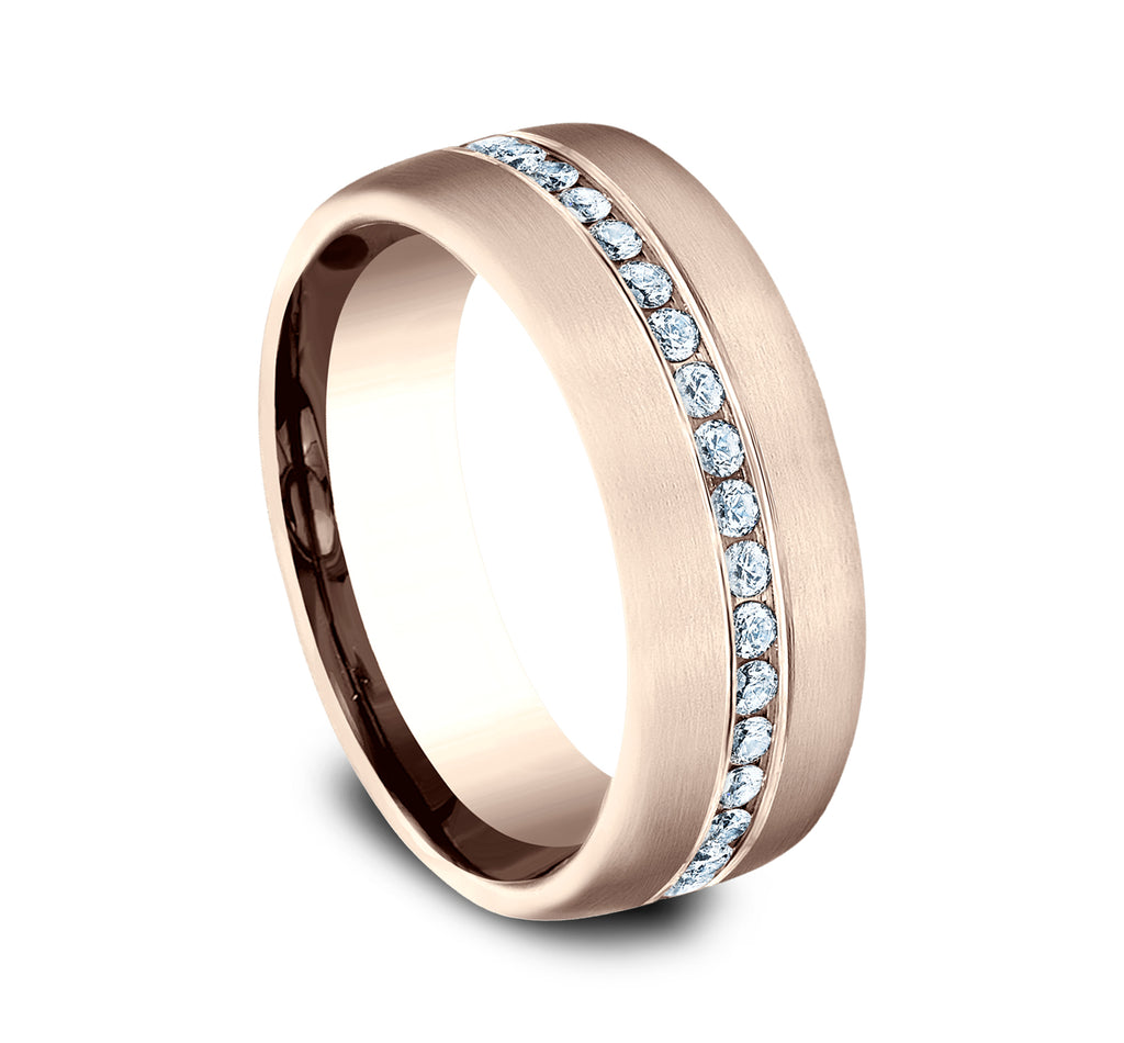 THE LINCOLN 7.5mm, Comfort fit, 14K Rose Gold, Satin finish, 20 channel set diamonds, Carat weight is .40ct, Clarity SI1-2, Color GH