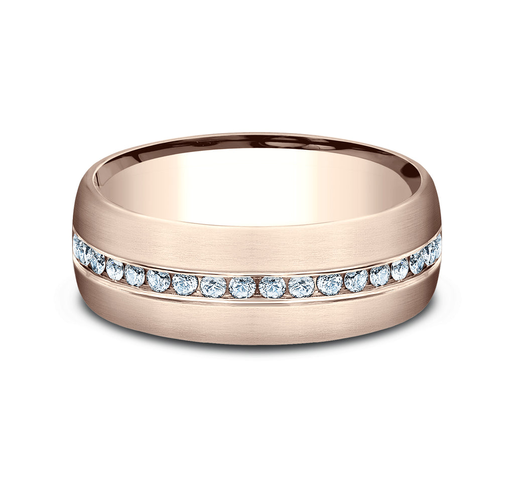 THE LINCOLN 7.5mm, Comfort fit, 14K Rose Gold, Satin finish, 20 channel set diamonds, Carat weight is .40ct, Clarity SI1-2, Color GH