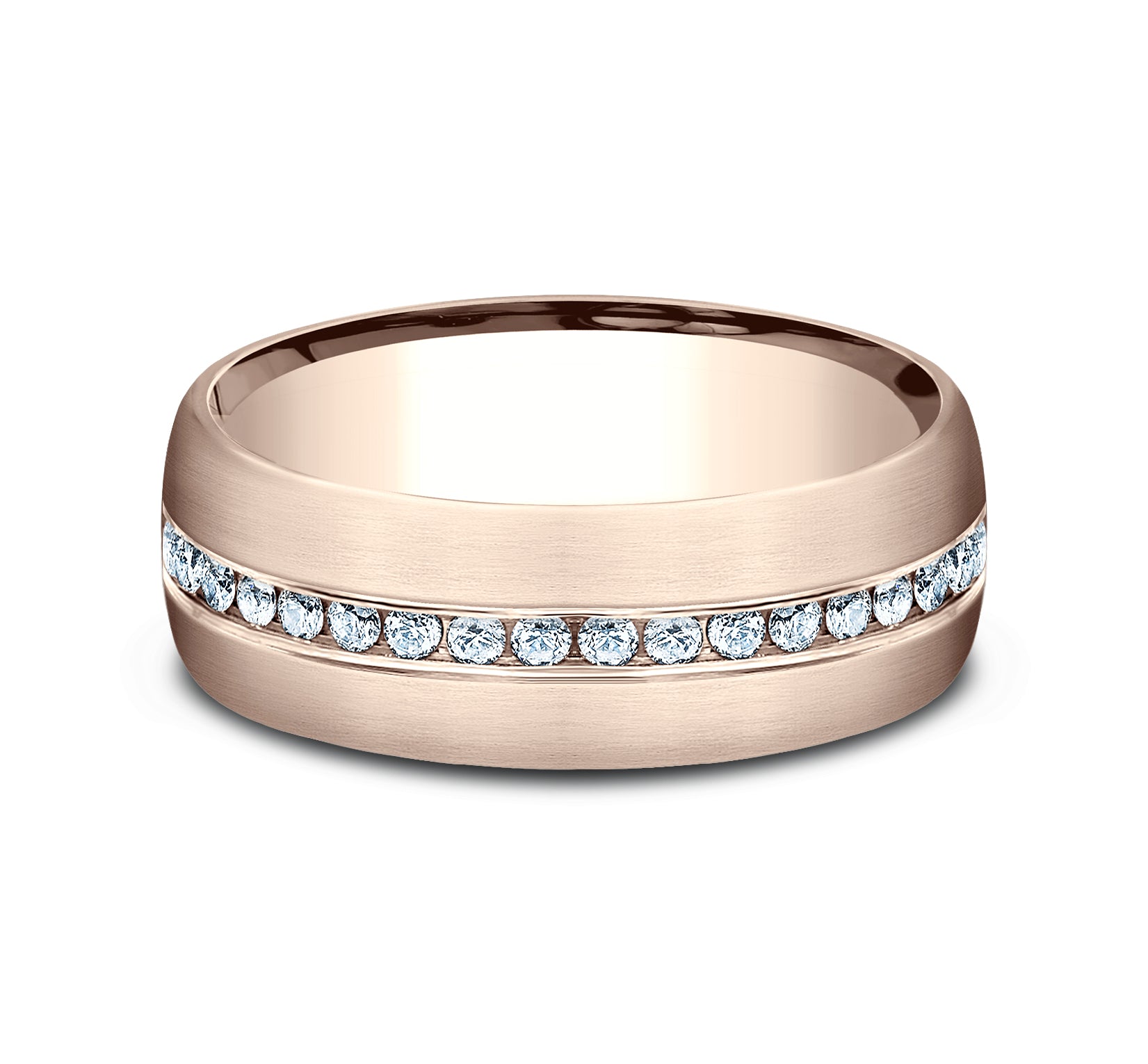 THE LINCOLN 7.5mm, Comfort fit, 14K Rose Gold, Satin finish, 20 channel set diamonds, Carat weight is .40ct, Clarity SI1-2, Color GH