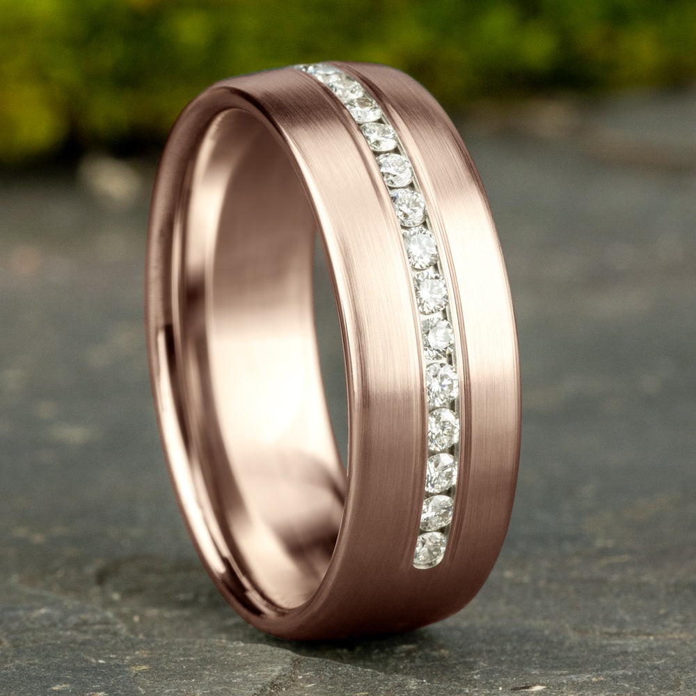 THE LINCOLN 7.5mm, Comfort fit, 14K Rose Gold, Satin finish, 20 channel set diamonds, Carat weight is .40ct, Clarity SI1-2, Color GH