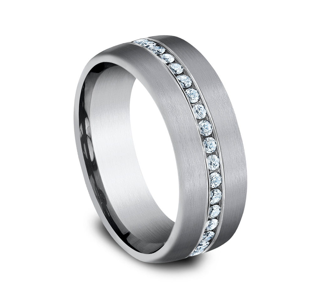 THE LINCOLN 7.5mm, Comfort fit, Grey Tantalum, Satin finish, 20 channel set lab grown diamonds, Carat weight is .40ct, Clarity SI1-2, Color GH