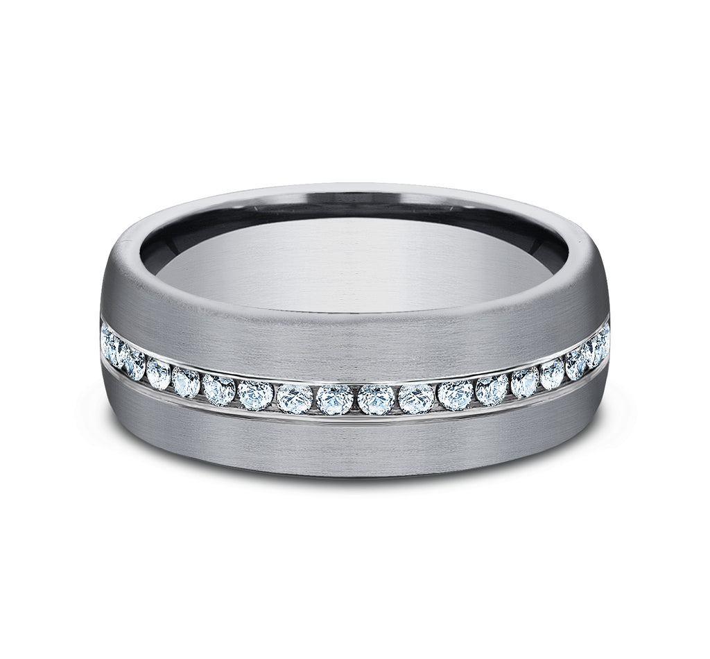 THE LINCOLN 7.5mm, Comfort fit, Grey Tantalum, Satin finish, 20 channel set lab grown diamonds, Carat weight is .40ct, Clarity SI1-2, Color GH