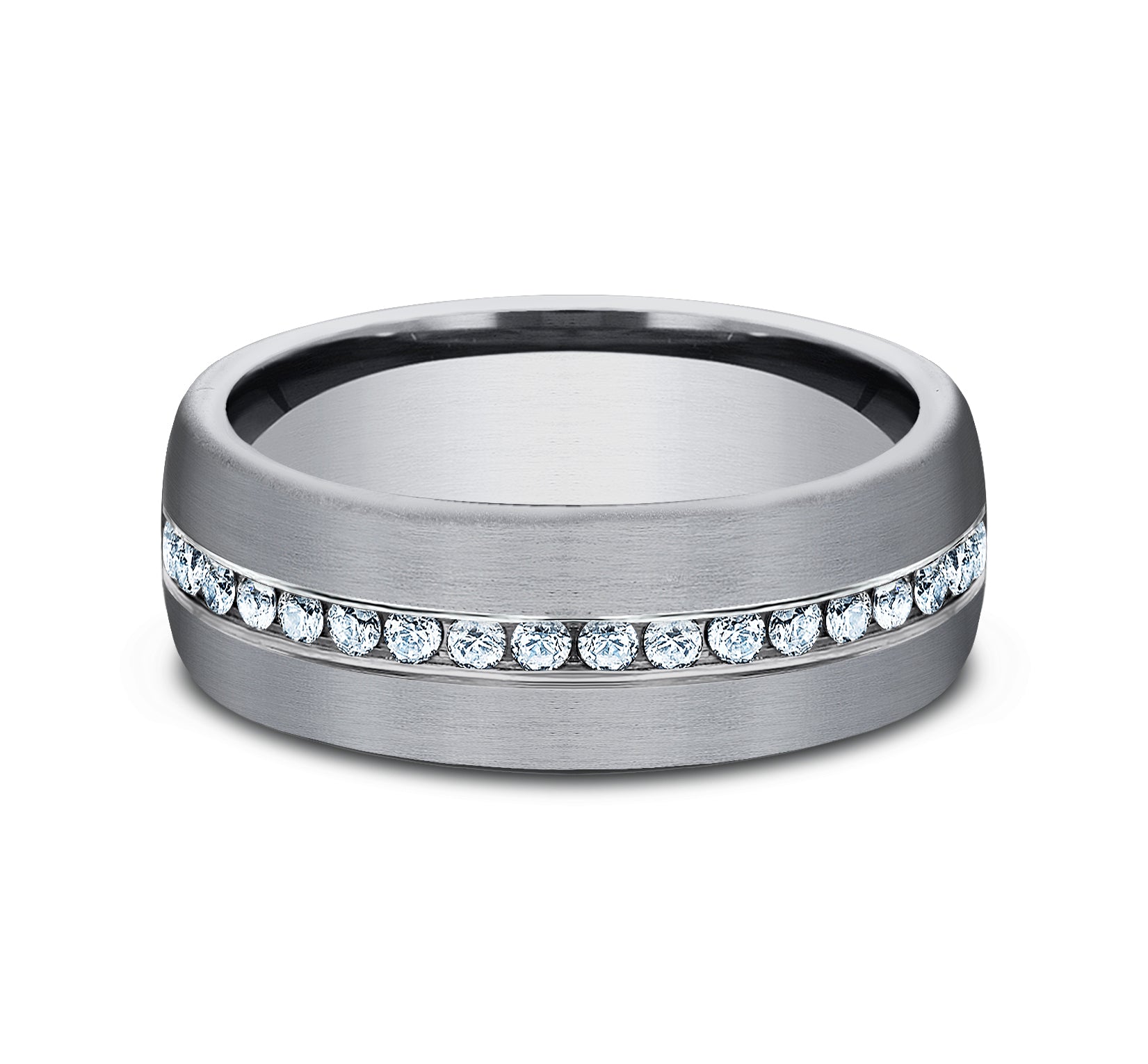 THE LINCOLN 7.5mm, Comfort fit, Grey Tantalum, Satin finish, 20 channel set lab grown diamonds, Carat weight is .40ct, Clarity SI1-2, Color GH