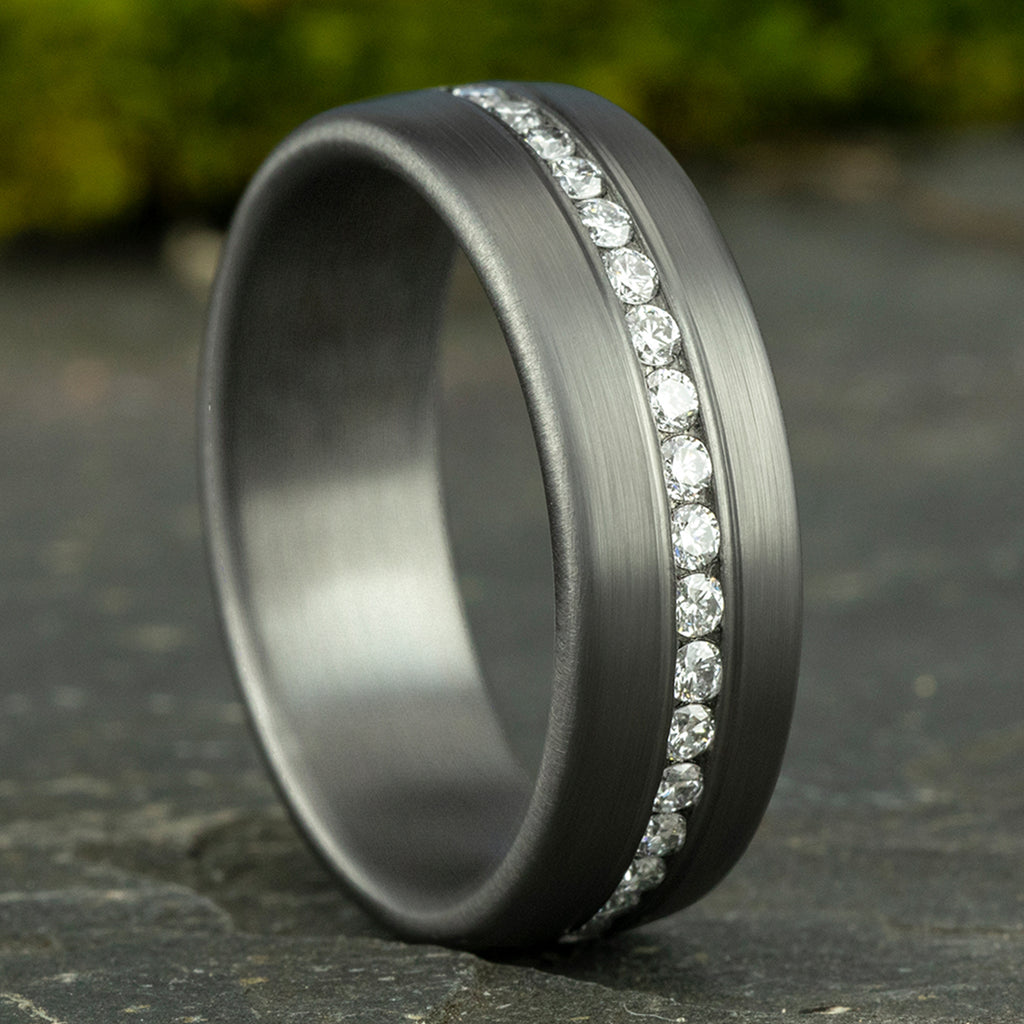 THE LINCOLN 7.5mm, Comfort fit, Grey Tantalum, Satin finish, 20 channel set lab grown diamonds, Carat weight is .40ct, Clarity SI1-2, Color GH