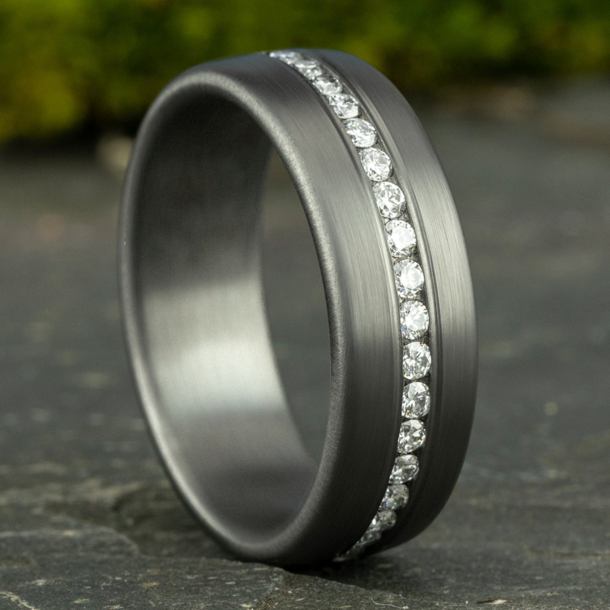 THE LINCOLN 7.5mm, Comfort fit, Grey Tantalum, Satin finish, 20 channel set lab grown diamonds, Carat weight is .40ct, Clarity SI1-2, Color GH