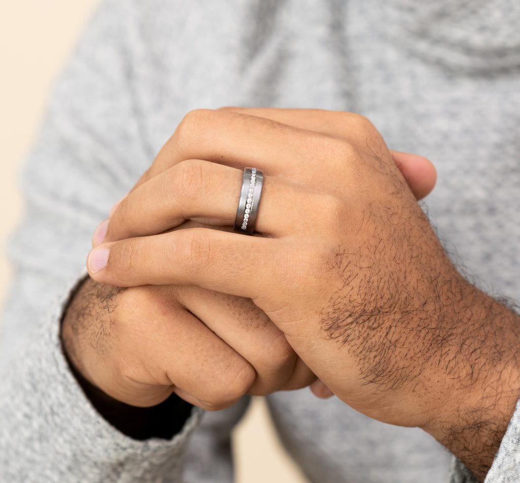 THE LINCOLN 7.5mm, Comfort fit, Grey Tantalum, Satin finish, 20 channel set lab grown diamonds, Carat weight is .40ct, Clarity SI1-2, Color GH