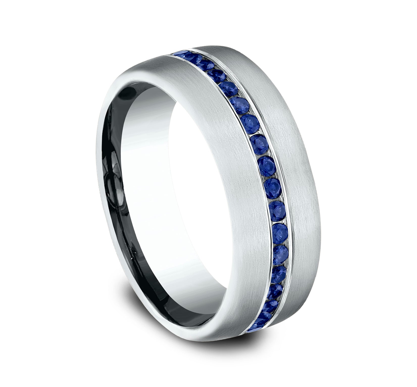 THE VISCOUNT 7.5mm, Comfort fit, 14K White Gold, Satin finish, 20 channel set blue sapphires, Carat weight is .40ct