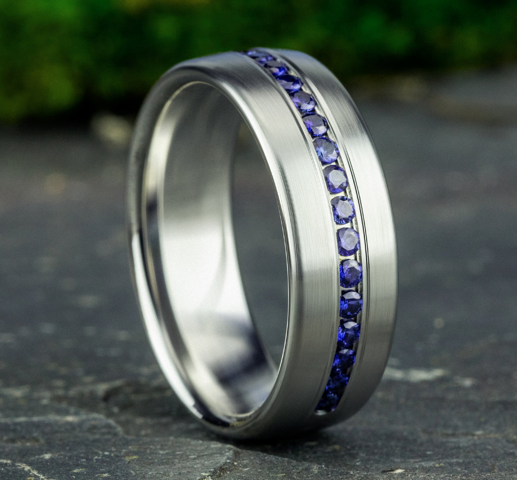THE VISCOUNT 7.5mm, Comfort fit, 14K White Gold, Satin finish, 20 channel set blue sapphires, Carat weight is .40ct