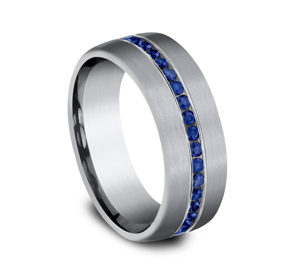 THE VISCOUNT 7.5mm, Comfort fit, Grey Tantalum, Satin finish, 20 channel set blue sapphires, Carat weight is .40ct