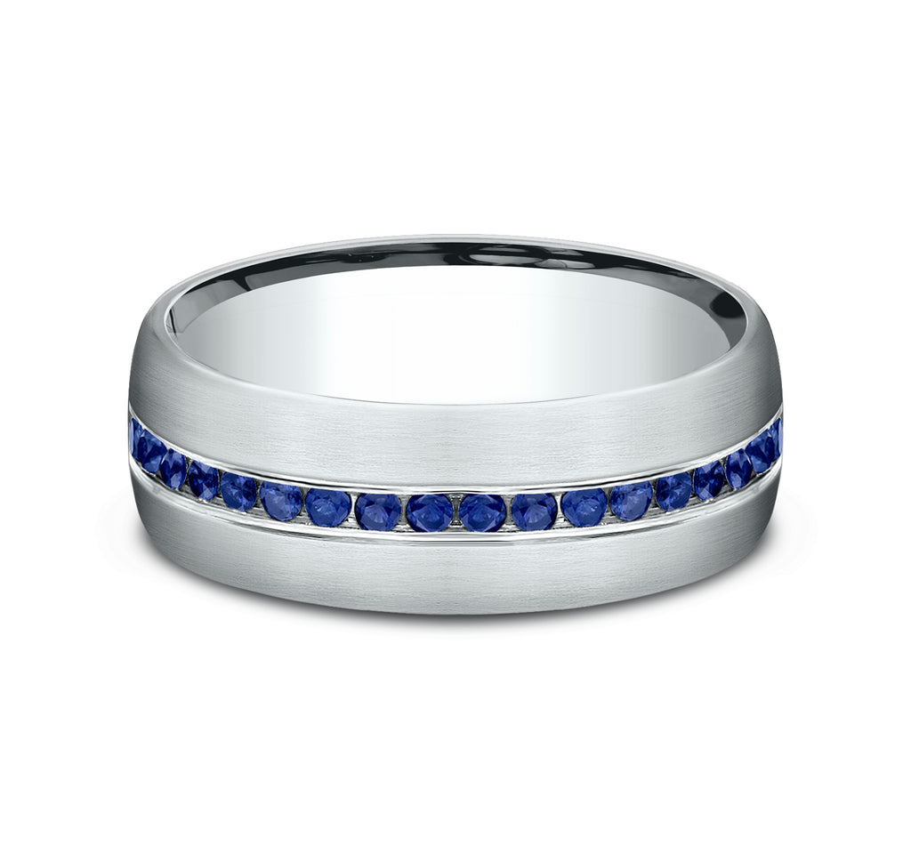 THE VISCOUNT 7.5mm, Comfort fit, Grey Tantalum, Satin finish, 20 channel set blue sapphires, Carat weight is .40ct
