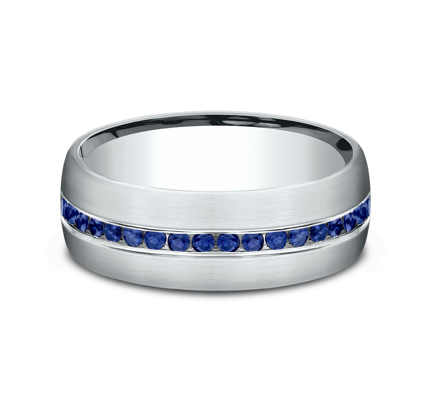 THE VISCOUNT 7.5mm, Comfort fit, Grey Tantalum, Satin finish, 20 channel set blue sapphires, Carat weight is .40ct