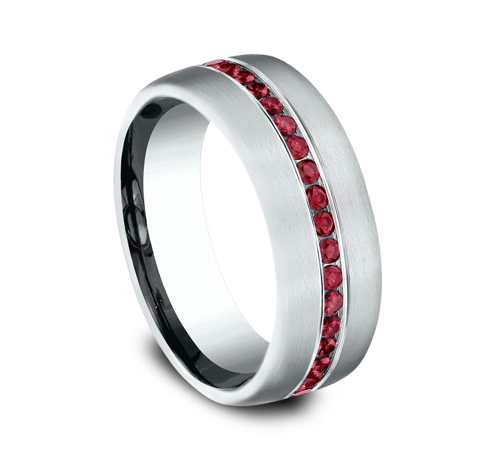 THE CARDINAL 7.5mm, Comfort fit, Grey Tantalum, Satin finish, 20 channel set rubies, Carat weight is .40ct