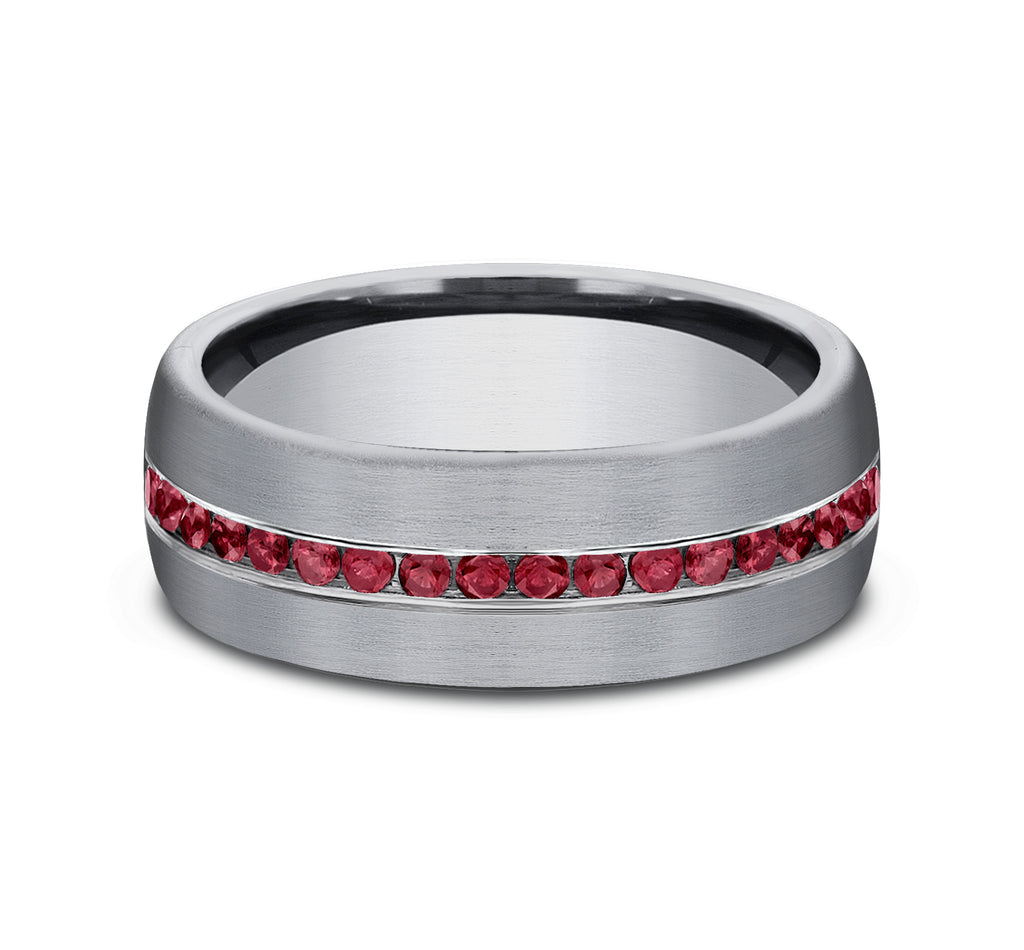 THE CARDINAL 7.5mm, Comfort fit, Grey Tantalum, Satin finish, 20 channel set rubies, Carat weight is .40ct