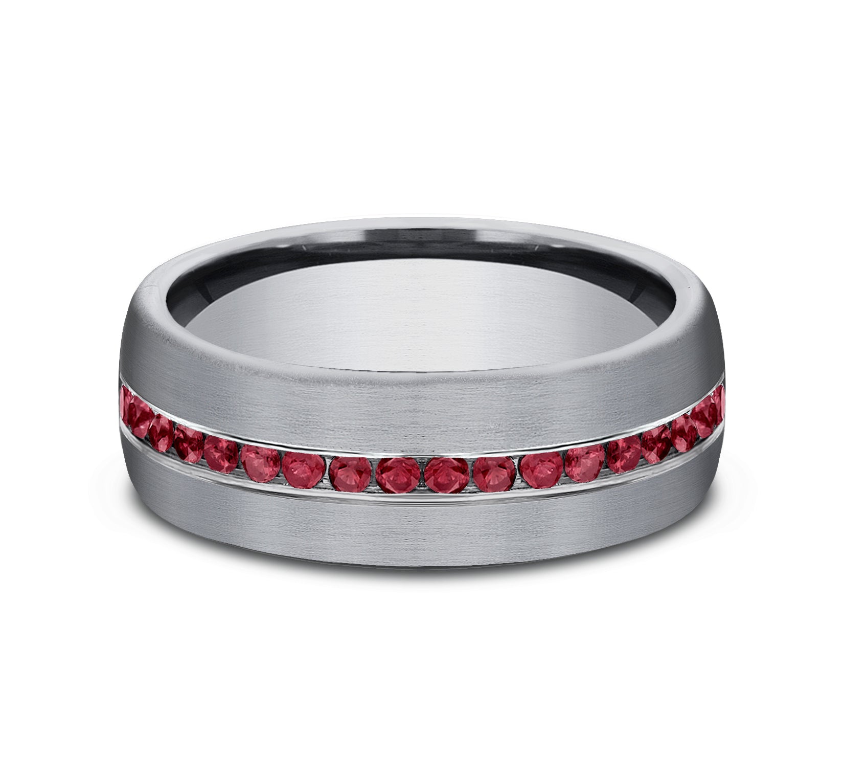 THE CARDINAL 7.5mm, Comfort fit, Grey Tantalum, Satin finish, 20 channel set rubies, Carat weight is .40ct