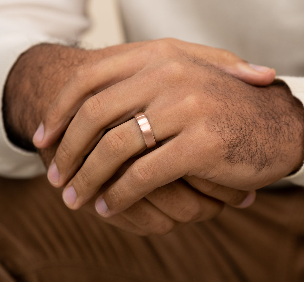 THE JEFFERSON 6.5mm, European comfort fit, 14K Rose Gold, Satin finish center, polished drop edge