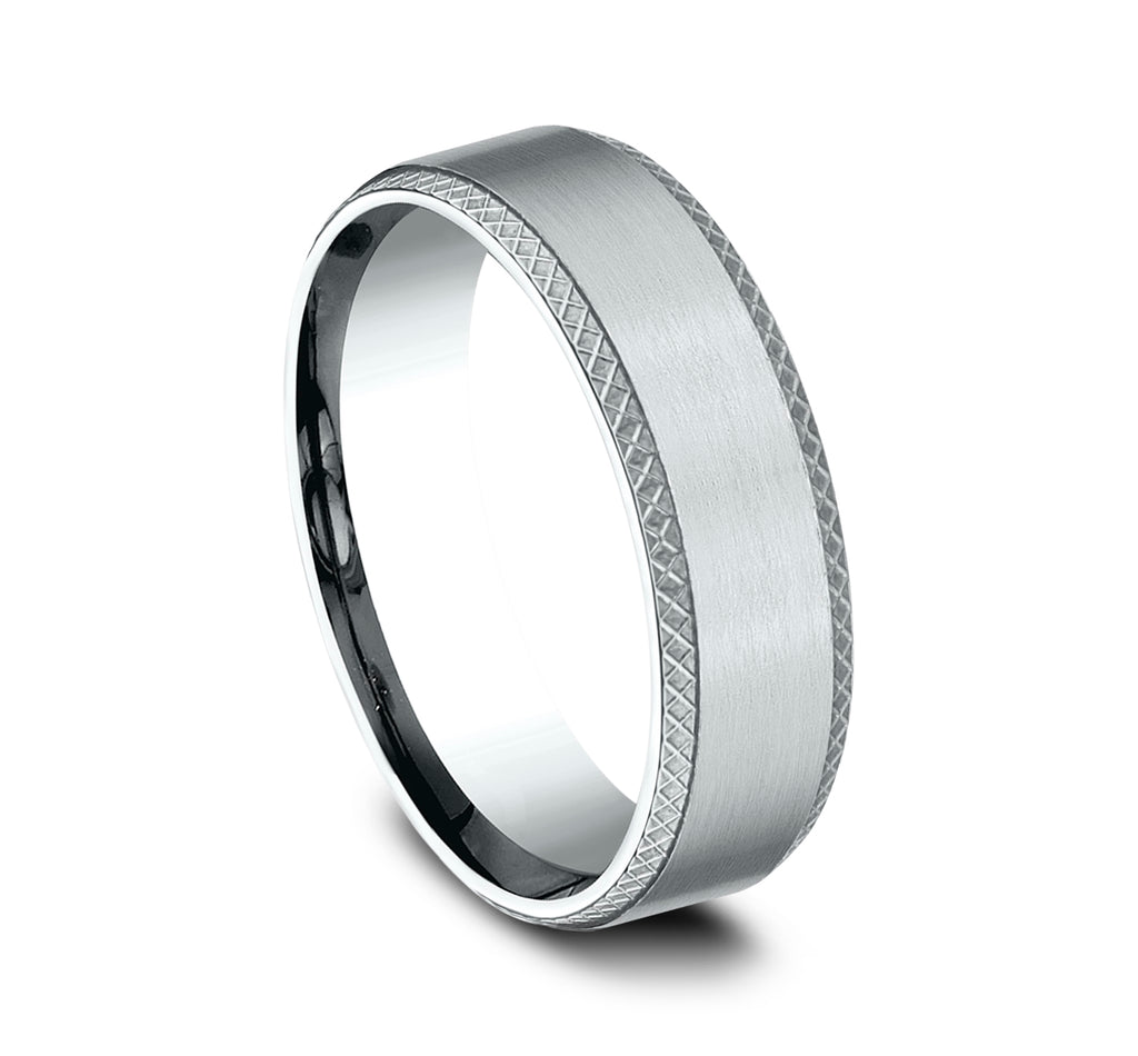 THE ASSASSIN 6.5mm, Comfort fit, 14K White Gold, Satin finish center, knurl detailed edges
