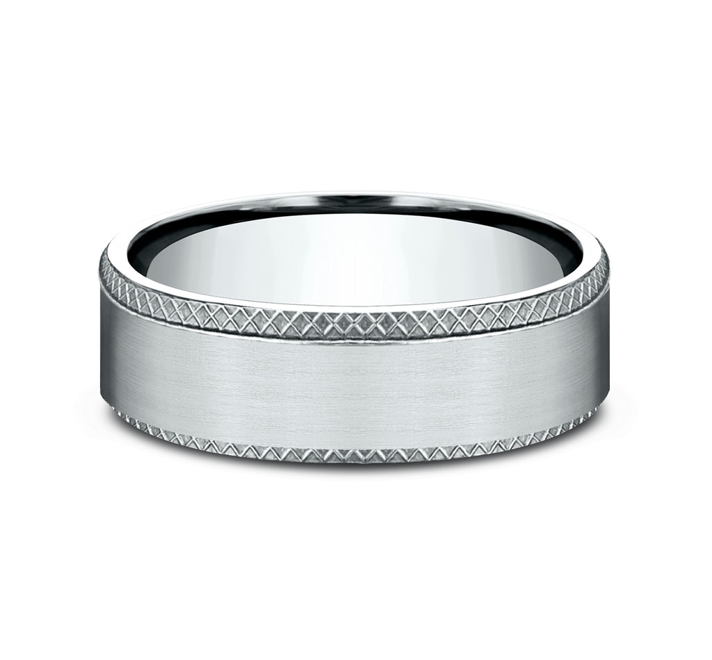 THE ASSASSIN 6.5mm, Comfort fit, 14K White Gold, Satin finish center, knurl detailed edges
