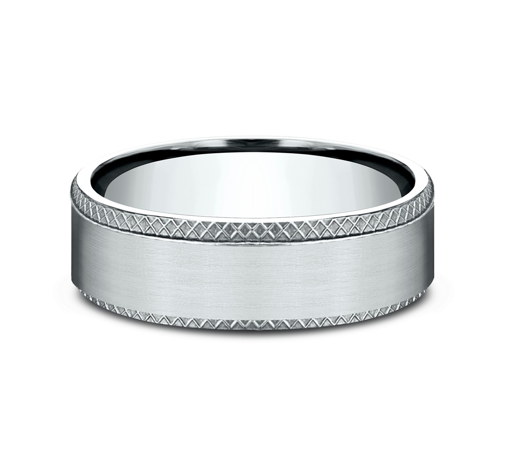 THE ASSASSIN 6.5mm, Comfort fit, 14K White Gold, Satin finish center, knurl detailed edges