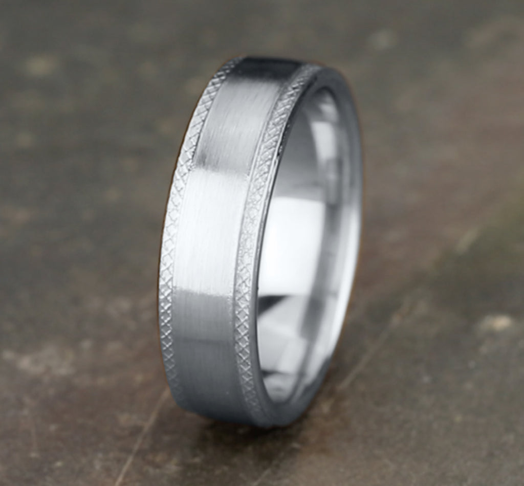 THE ASSASSIN 6.5mm, Comfort fit, 14K White Gold, Satin finish center, knurl detailed edges