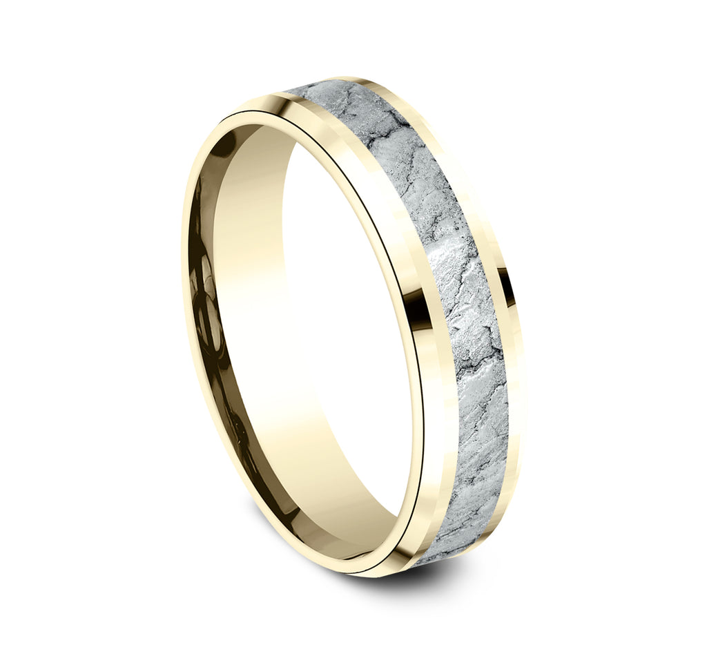 THE VESUVIUS 6mm, Comfort fit, 14K Yellow and White Gold, Lava rock textured center, polished drop bevel edges