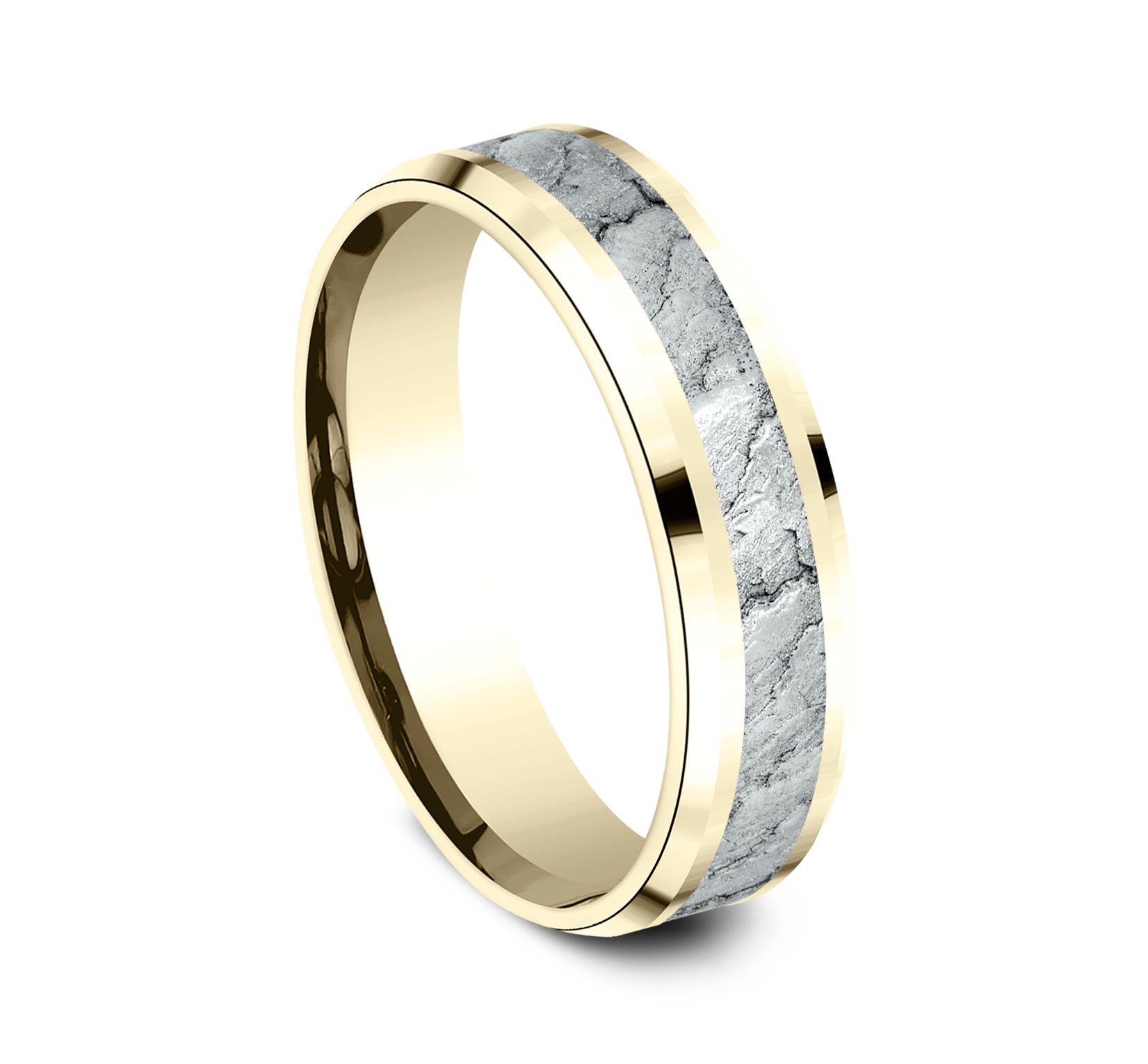 THE VESUVIUS 6mm, Comfort fit, 14K Yellow and White Gold, Lava rock textured center, polished drop bevel edges