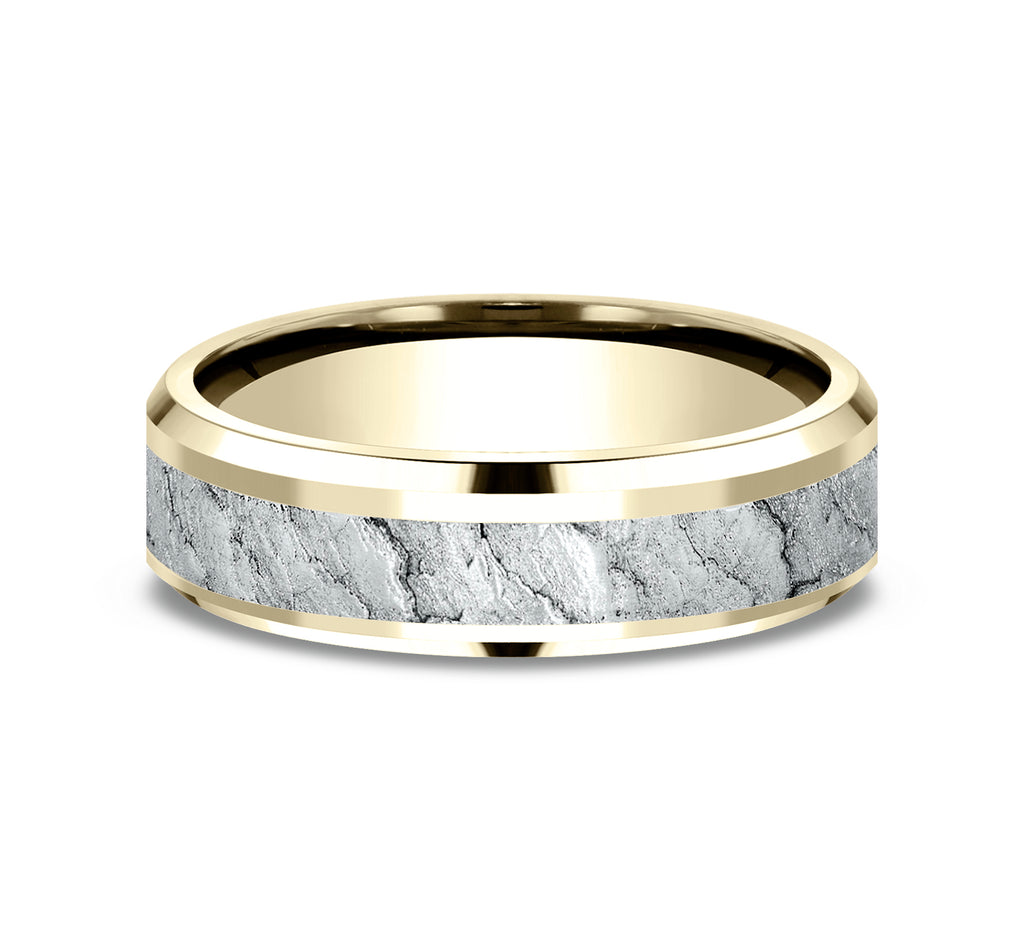 THE VESUVIUS 6mm, Comfort fit, 14K Yellow and White Gold, Lava rock textured center, polished drop bevel edges