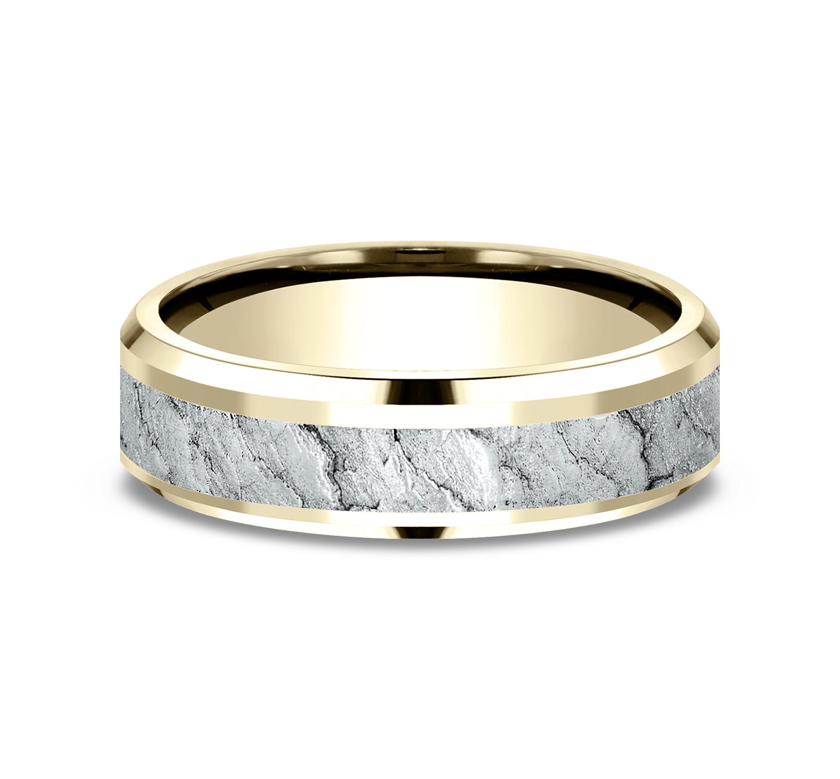 THE VESUVIUS 6mm, Comfort fit, 14K Yellow and White Gold, Lava rock textured center, polished drop bevel edges