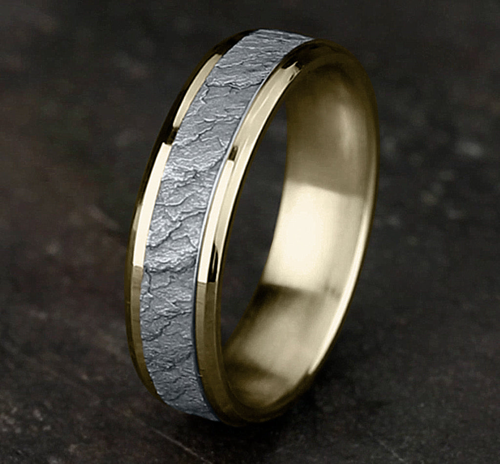THE VESUVIUS 6mm, Comfort fit, 14K Yellow and White Gold, Lava rock textured center, polished drop bevel edges