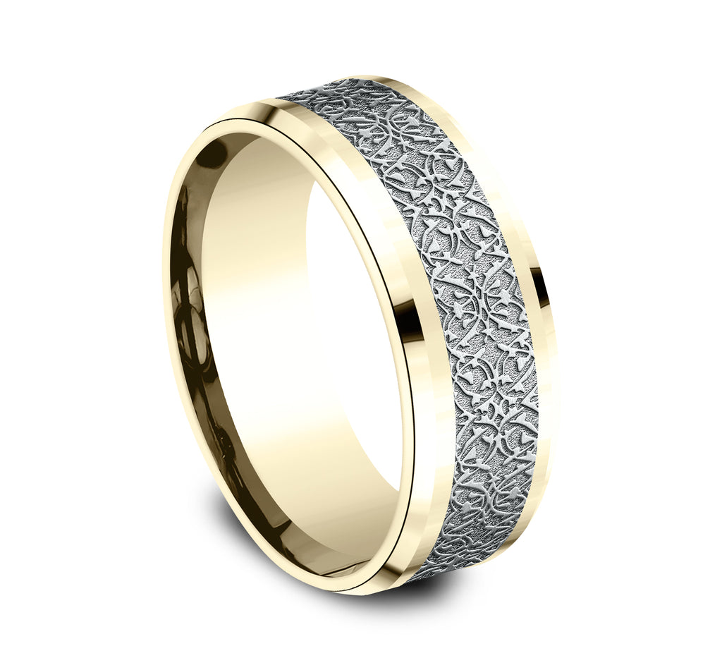 THE CONQUERER 8mm, Comfort fit, 14K Yellow and White Gold, Ottoman pattern, polished drop bevel edges