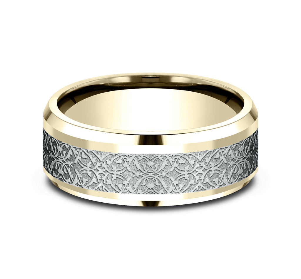 THE CONQUERER 8mm, Comfort fit, 14K Yellow and White Gold, Ottoman pattern, polished drop bevel edges