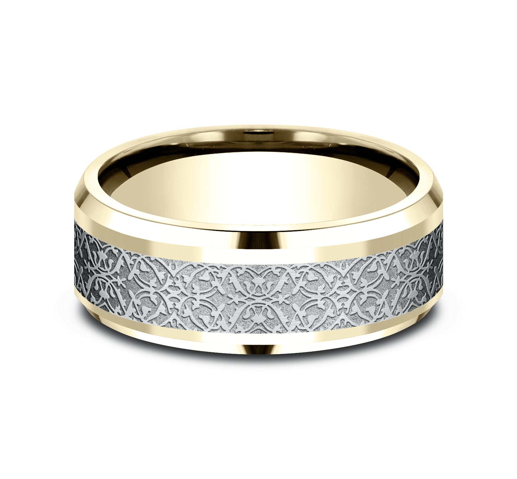 THE CONQUERER 8mm, Comfort fit, 14K Yellow and White Gold, Ottoman pattern, polished drop bevel edges