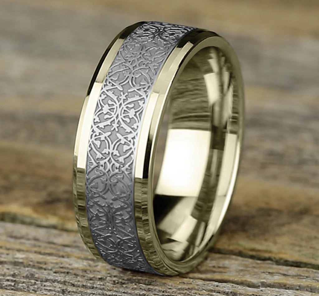 THE CONQUERER 8mm, Comfort fit, 14K Yellow and White Gold, Ottoman pattern, polished drop bevel edges