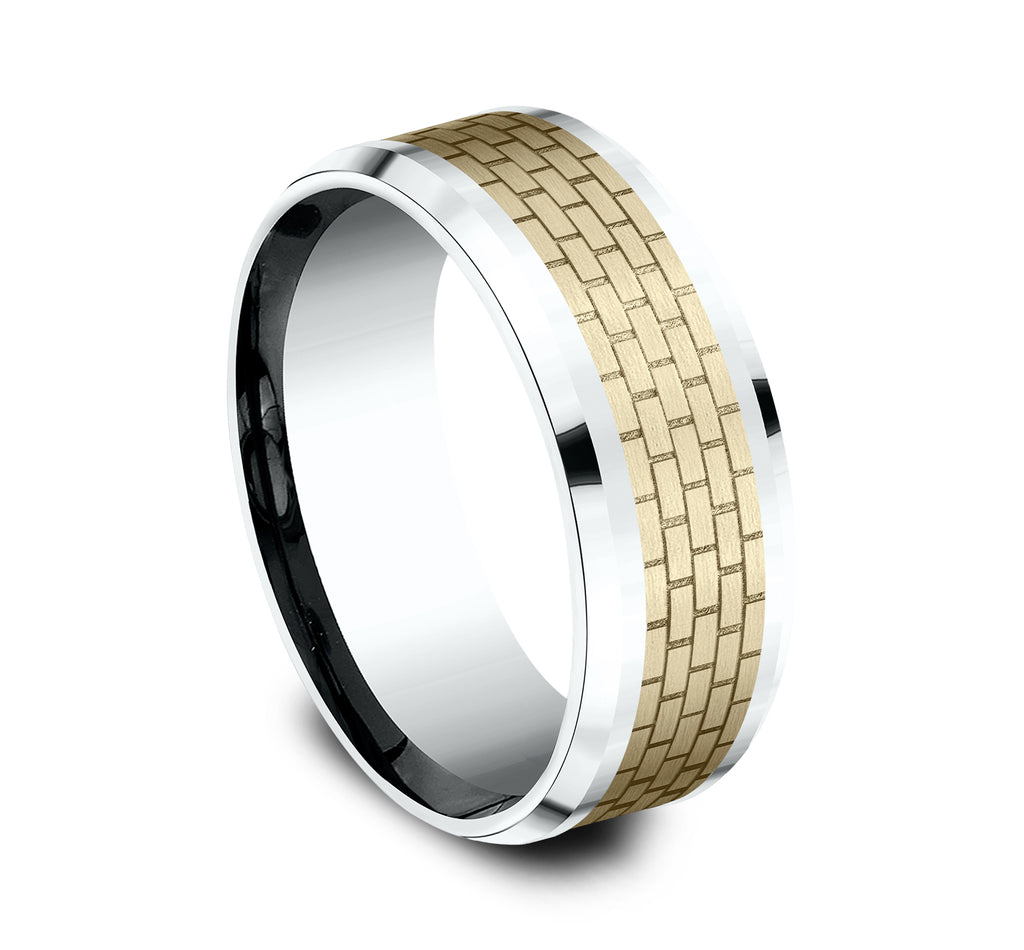 THE LENNON 8mm, Comfort fit, 14K White and Yellow Gold, Brick wall patterned center, polished bevel edges
