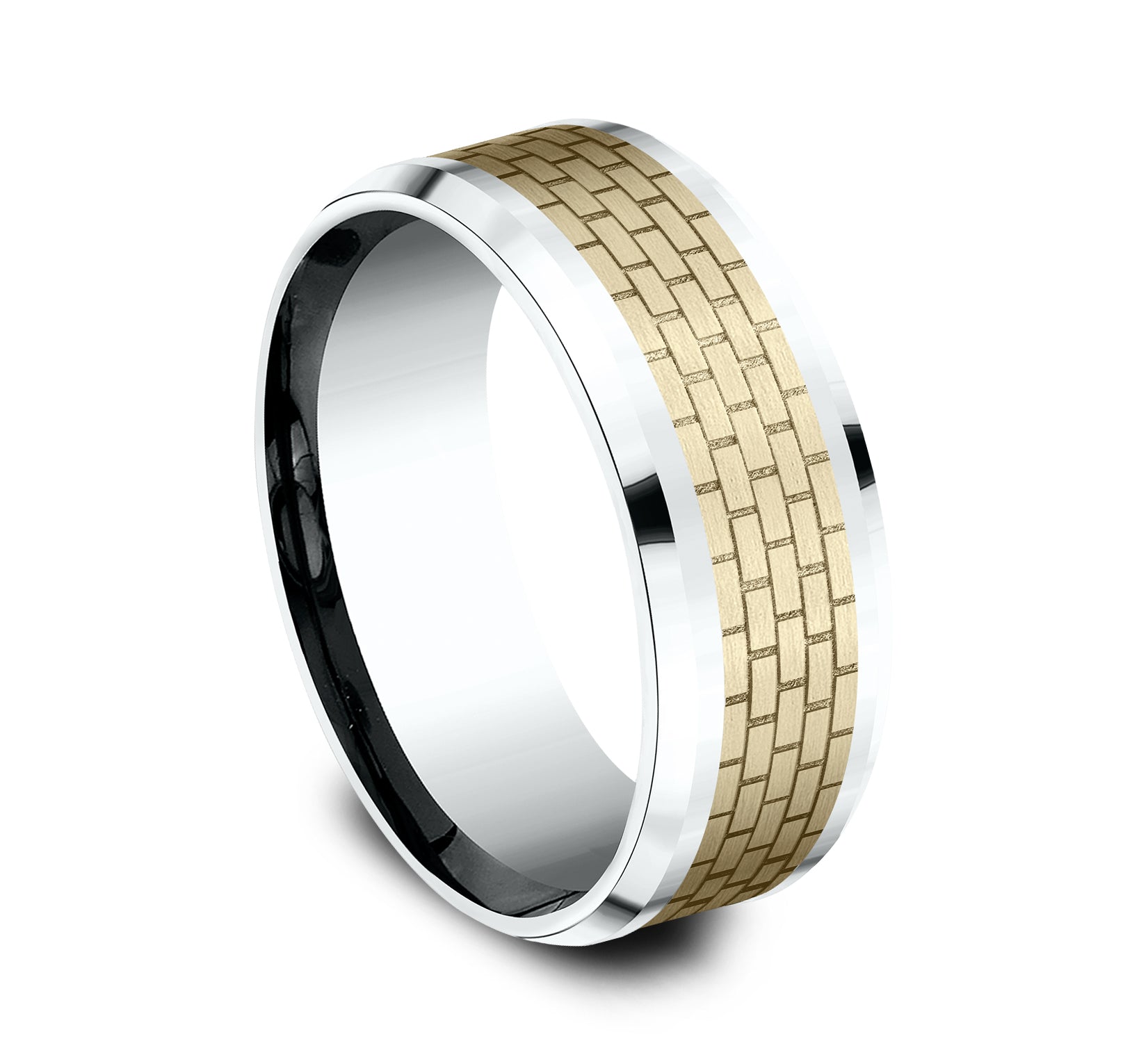 THE LENNON 8mm, Comfort fit, 14K White and Yellow Gold, Brick wall patterned center, polished bevel edges