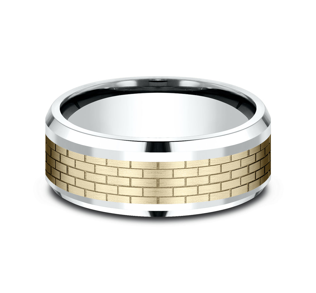 THE LENNON 8mm, Comfort fit, 14K White and Yellow Gold, Brick wall patterned center, polished bevel edges