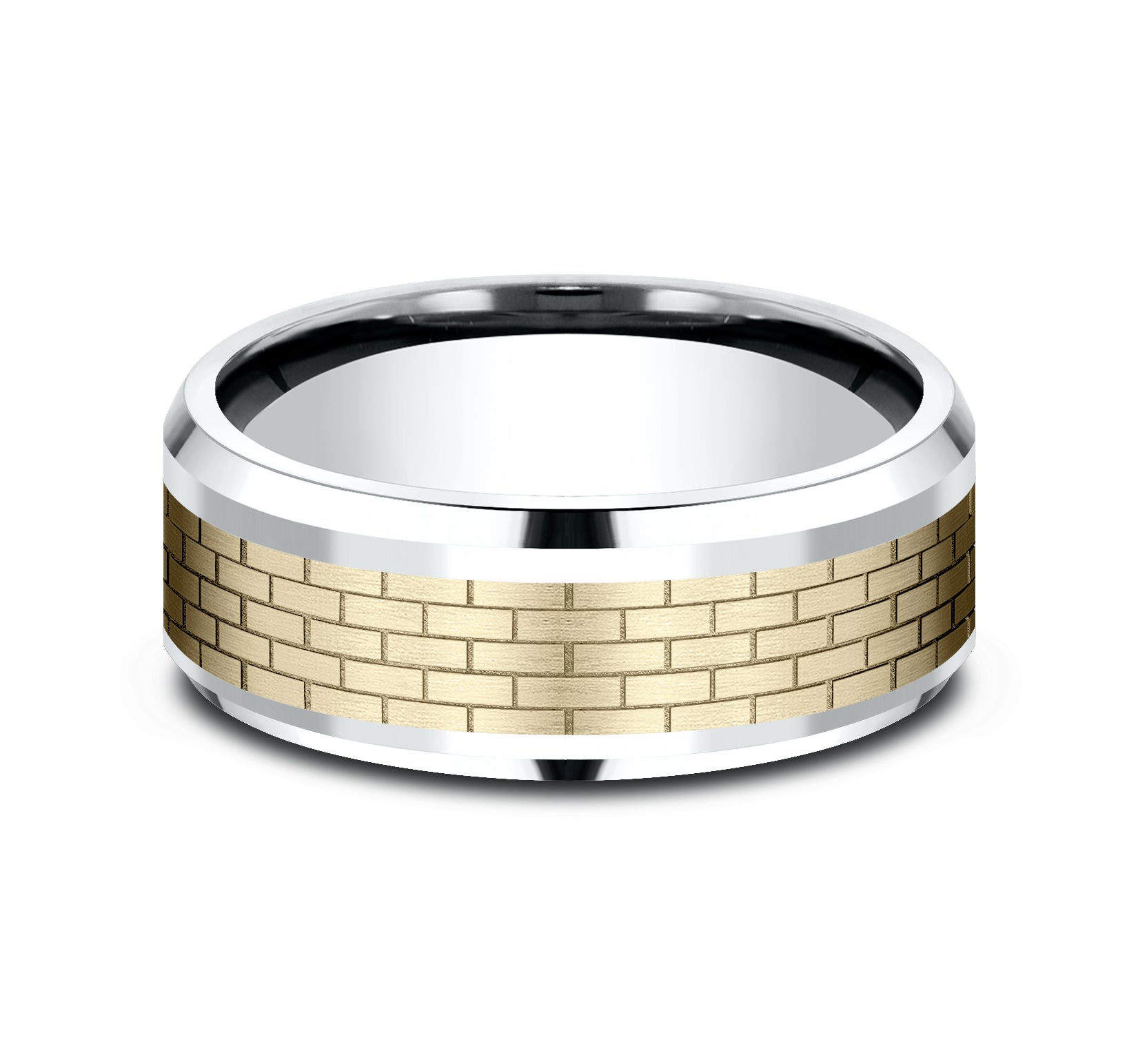 THE LENNON 8mm, Comfort fit, 14K White and Yellow Gold, Brick wall patterned center, polished bevel edges