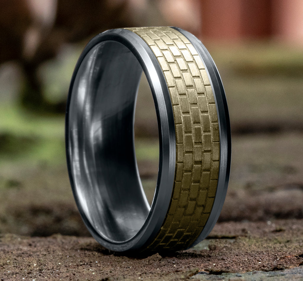 THE LENNON 8mm, Comfort fit, 14K White and Yellow Gold, Brick wall patterned center, polished bevel edges