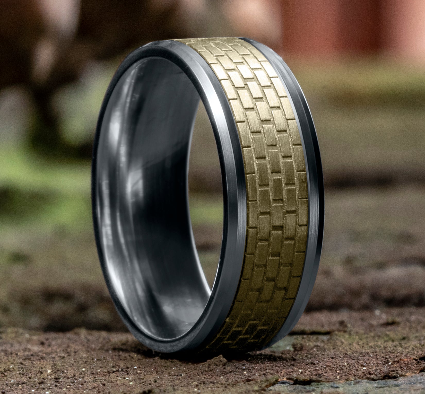 THE LENNON 8mm, Comfort fit, 14K White and Yellow Gold, Brick wall patterned center, polished bevel edges