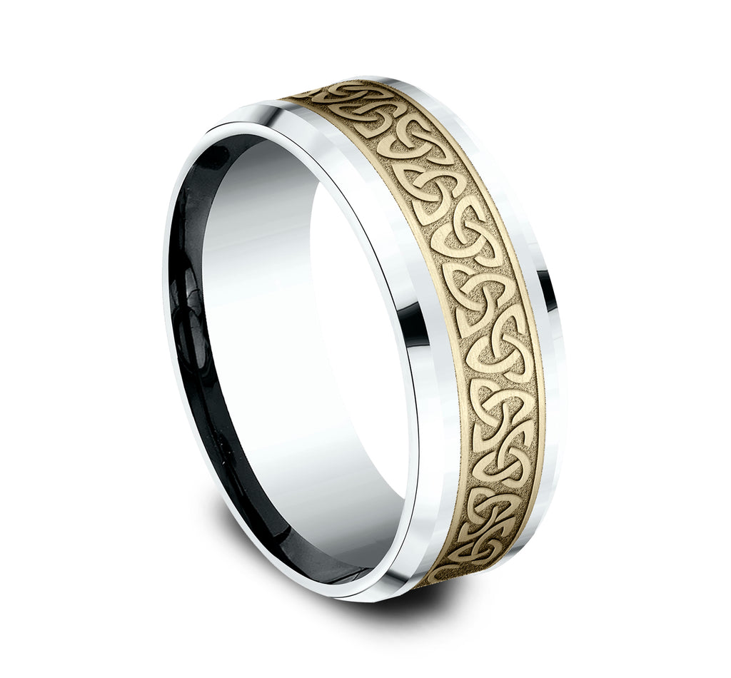 THE GALWAY 8mm, Comfort fit, 14K White and Yellow Gold, Celtic knot pattern, polished drop bevel edges