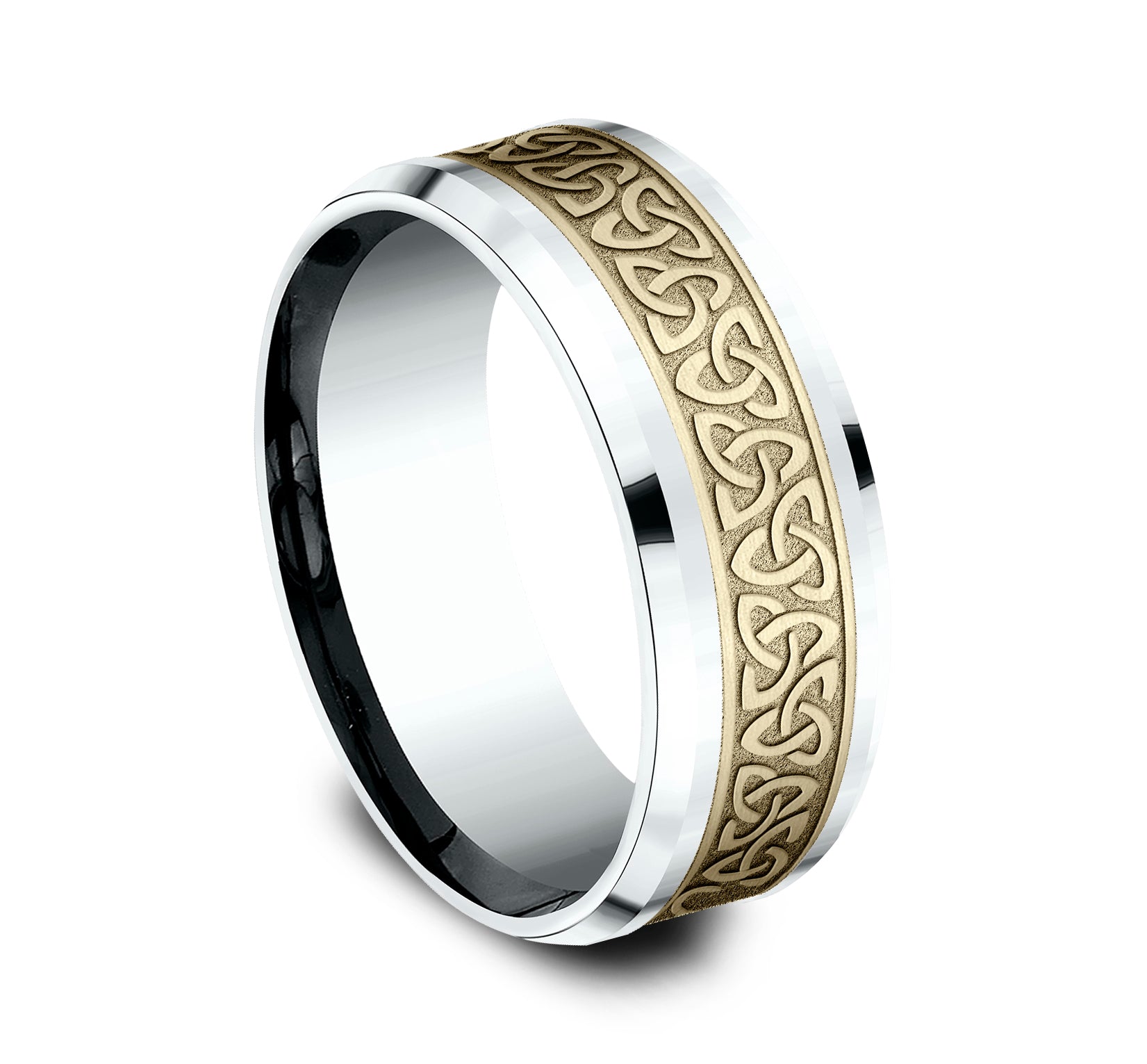 THE GALWAY 8mm, Comfort fit, 14K White and Yellow Gold, Celtic knot pattern, polished drop bevel edges