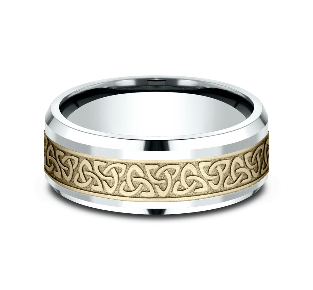 THE GALWAY 8mm, Comfort fit, 14K White and Yellow Gold, Celtic knot pattern, polished drop bevel edges