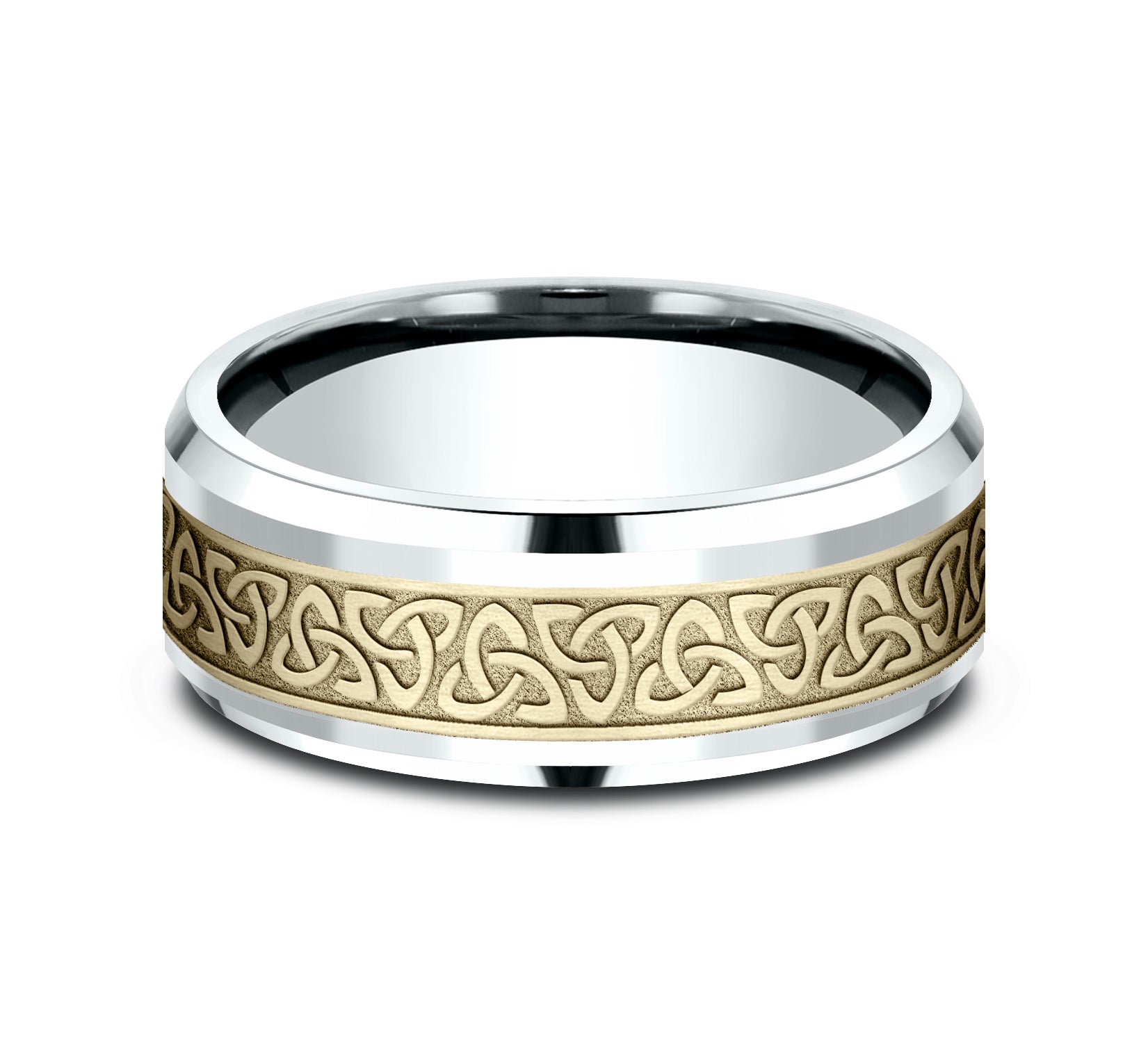 THE GALWAY 8mm, Comfort fit, 14K White and Yellow Gold, Celtic knot pattern, polished drop bevel edges