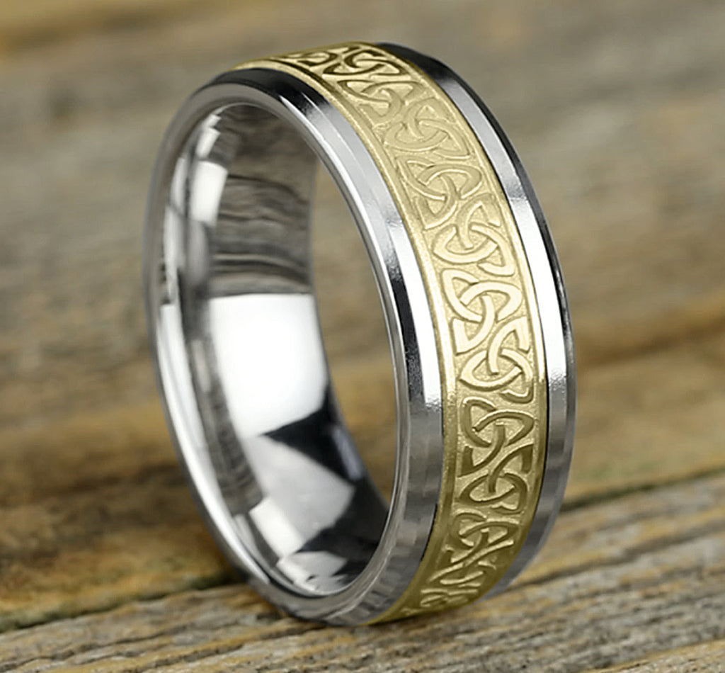 THE GALWAY 8mm, Comfort fit, 14K White and Yellow Gold, Celtic knot pattern, polished drop bevel edges