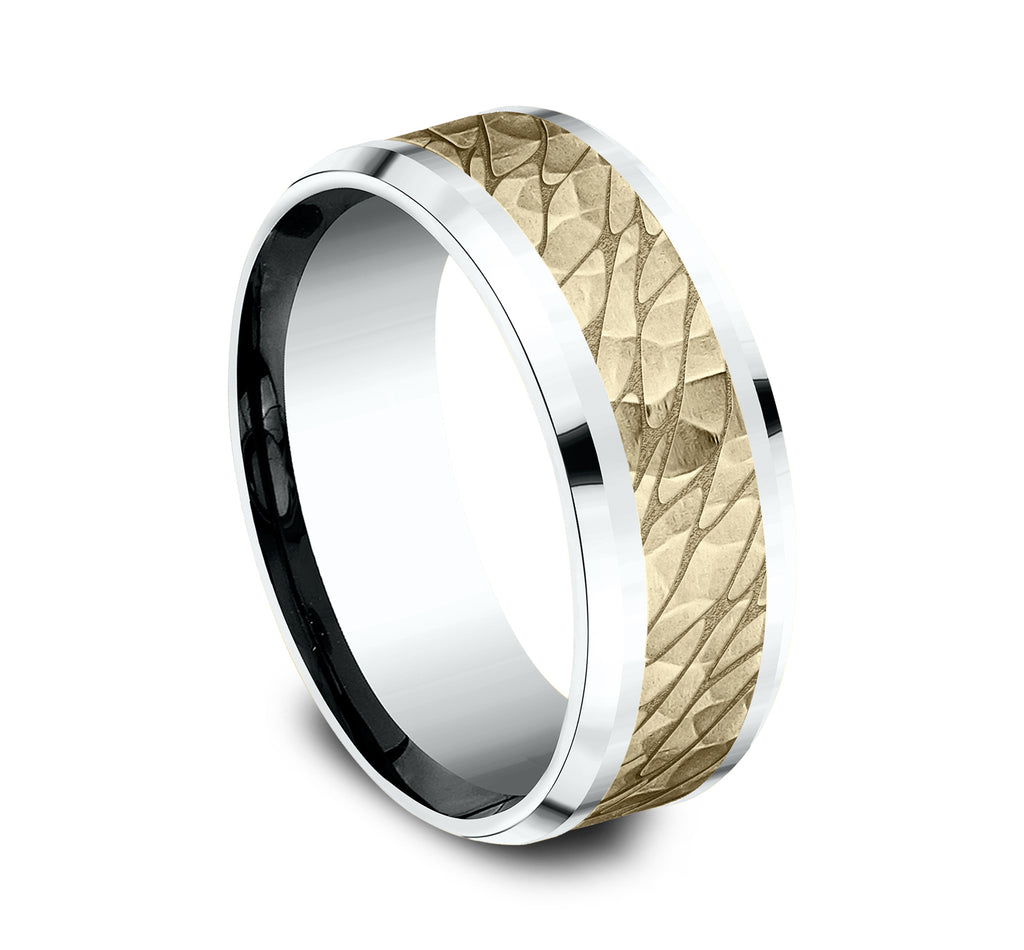 THE BERING 8mm, Comfort fit, 14K White and Yellow Gold, Pebble pattern with hammered finish, polished bevel edges
